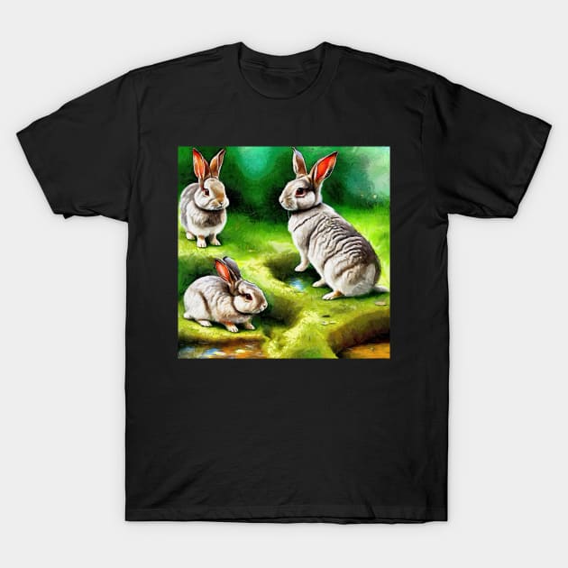 Three Cute Bunnies in a Field T-Shirt by jillnightingale